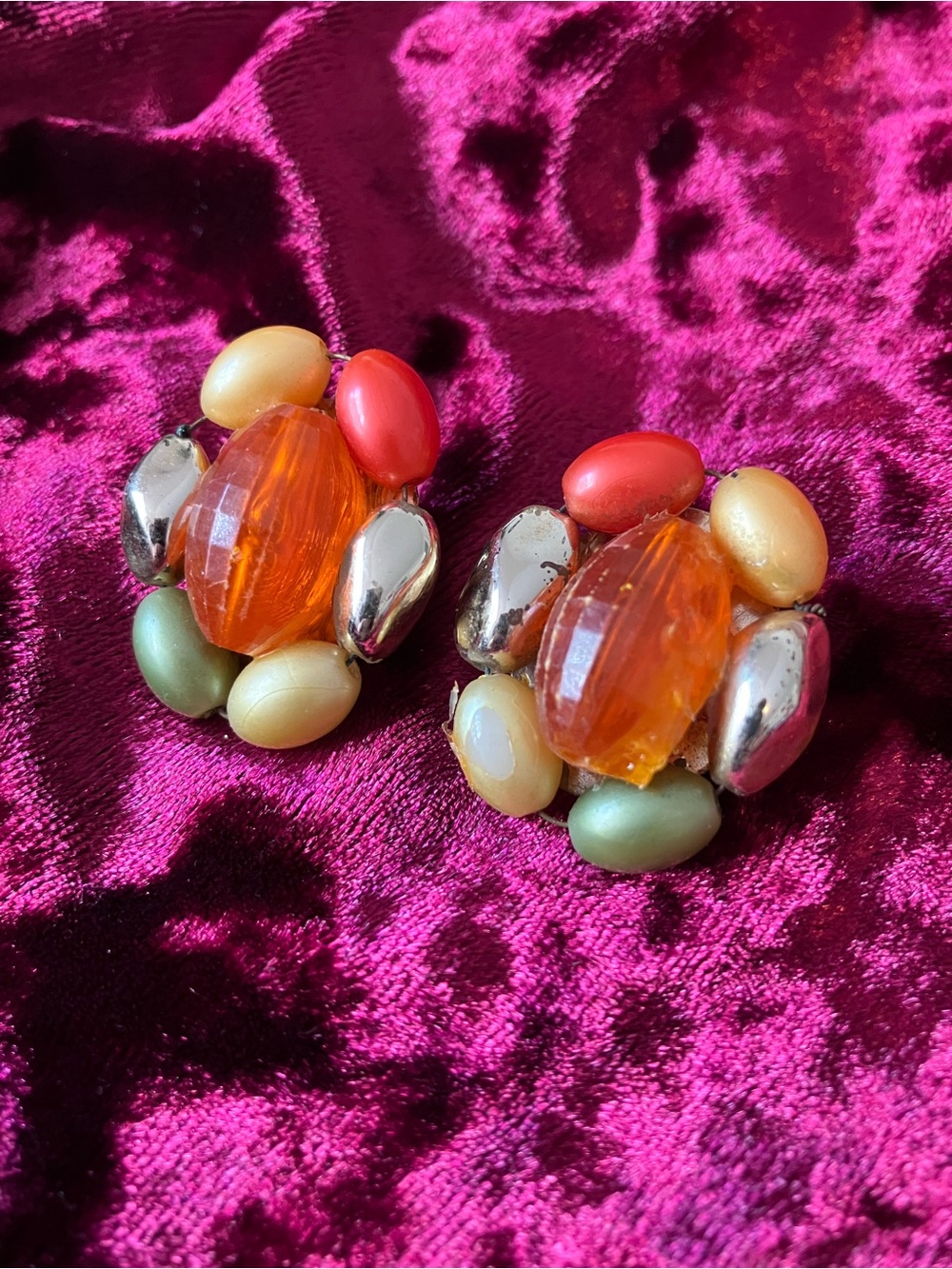 Vintage Cluster Bead Clip-On Earrings - Orange, Yellow, Green, & Silver Tone